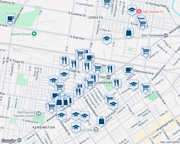 map of restaurants, bars, coffee shops, grocery stores, and more near 1022 East Tioga Street in Philadelphia