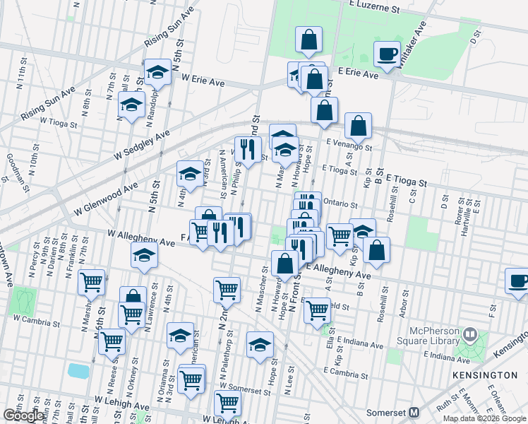 map of restaurants, bars, coffee shops, grocery stores, and more near 3300 North Hancock Street in Philadelphia