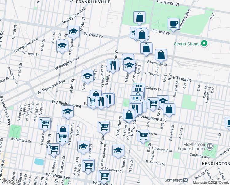 map of restaurants, bars, coffee shops, grocery stores, and more near 3300 North Hancock Street in Philadelphia