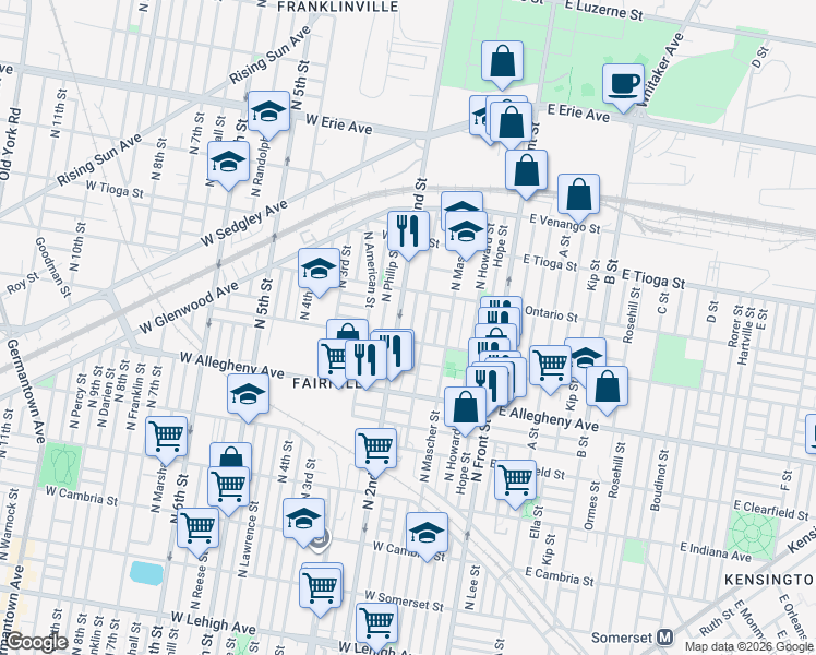 map of restaurants, bars, coffee shops, grocery stores, and more near 3300 North Hancock Street in Philadelphia