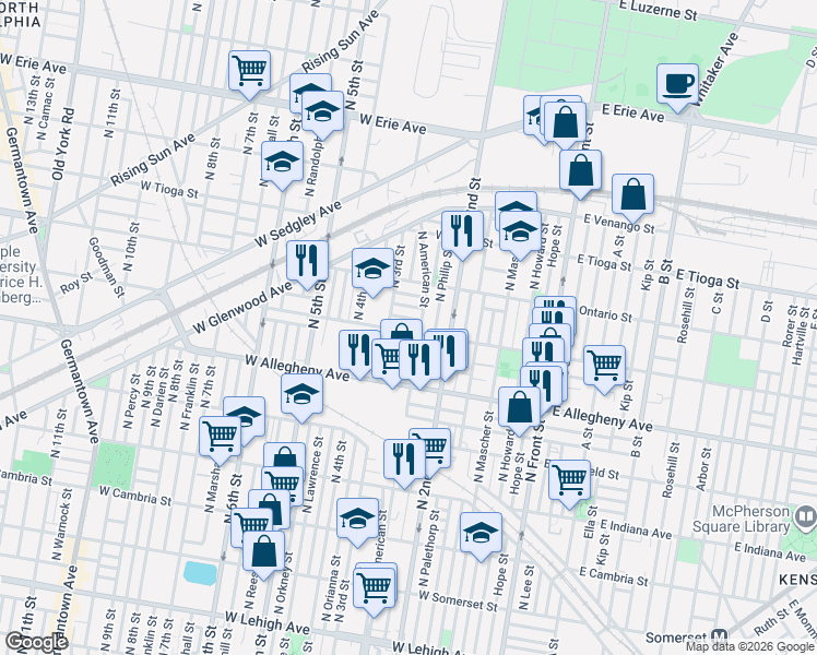 map of restaurants, bars, coffee shops, grocery stores, and more near 3243 West Westmoreland Street in Philadelphia