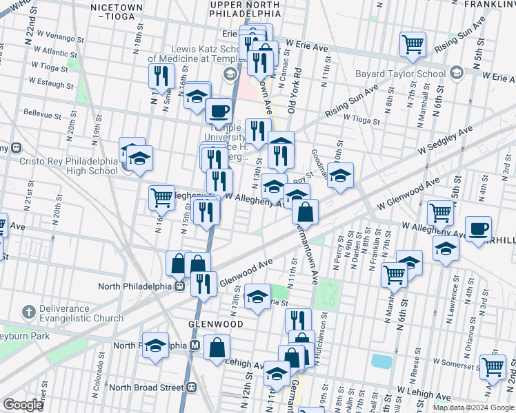 map of restaurants, bars, coffee shops, grocery stores, and more near 3137 North Camac Street in Philadelphia