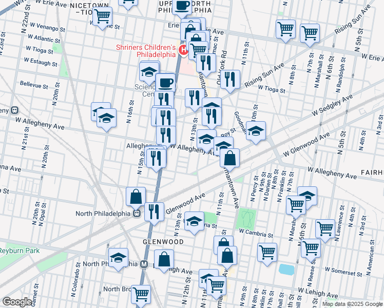 map of restaurants, bars, coffee shops, grocery stores, and more near 3137 North Camac Street in Philadelphia