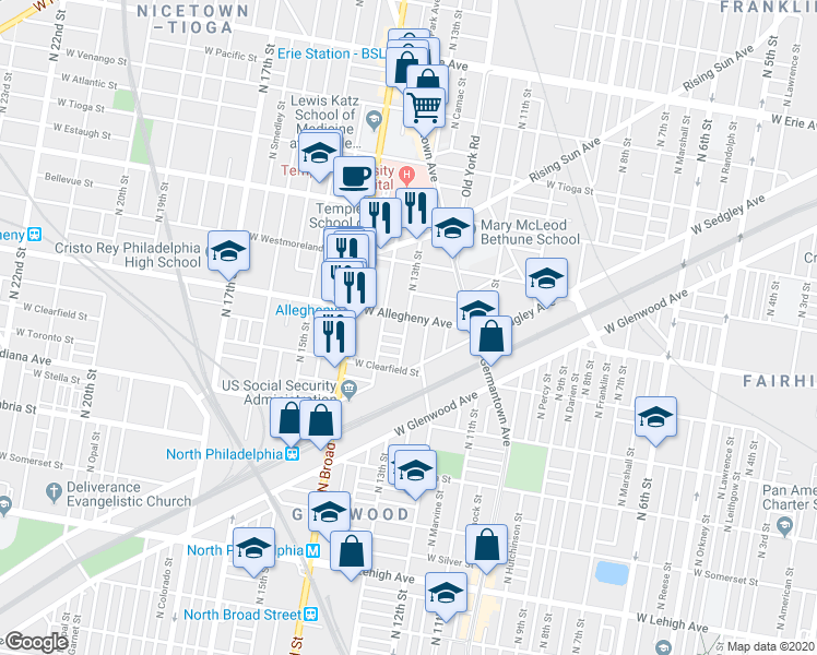 map of restaurants, bars, coffee shops, grocery stores, and more near 3137 North Camac Street in Philadelphia