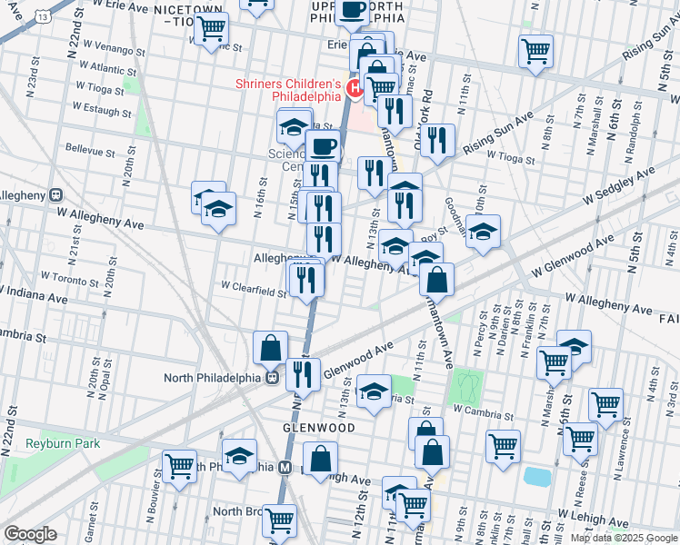 map of restaurants, bars, coffee shops, grocery stores, and more near 1317 West Lippincott Street in Philadelphia