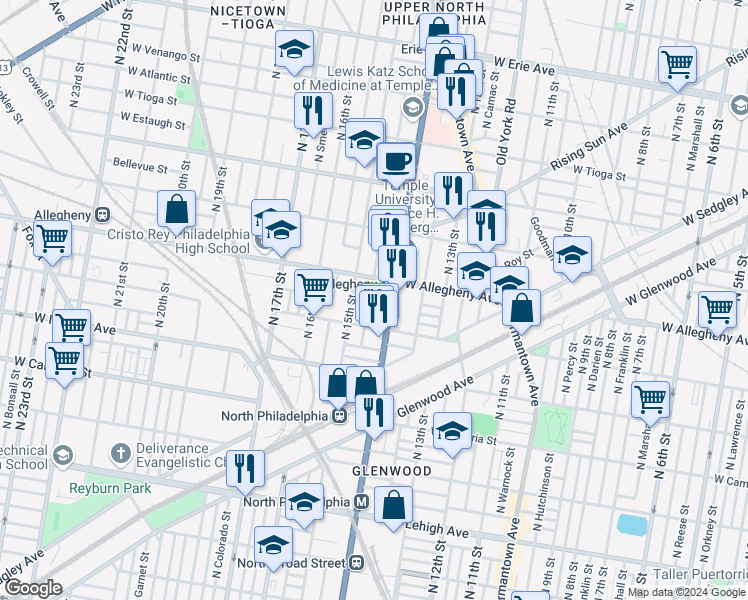map of restaurants, bars, coffee shops, grocery stores, and more near 3111 North 15th Street in Philadelphia