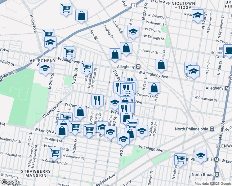 map of restaurants, bars, coffee shops, grocery stores, and more near 2239 West Indiana Avenue in Philadelphia