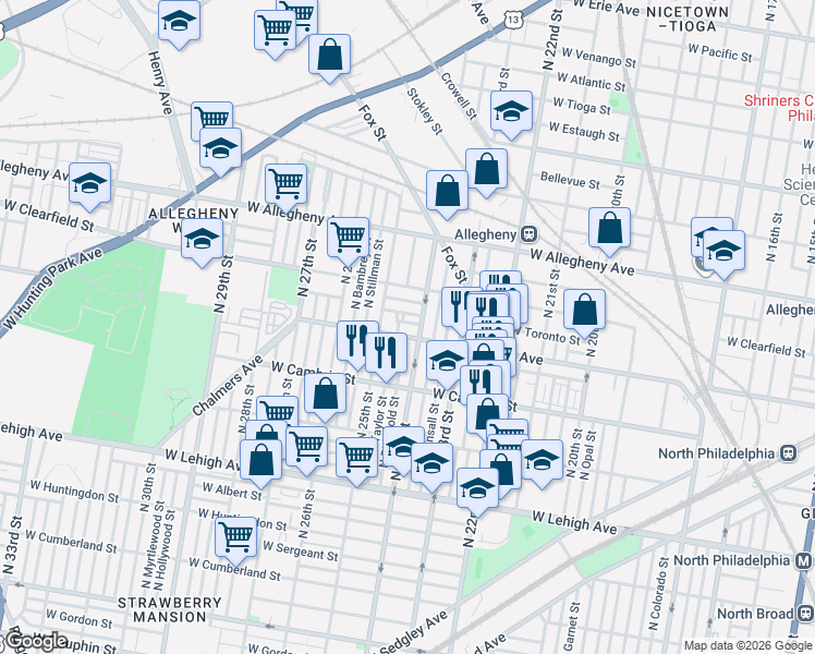 map of restaurants, bars, coffee shops, grocery stores, and more near 2953 North 24th Street in Philadelphia