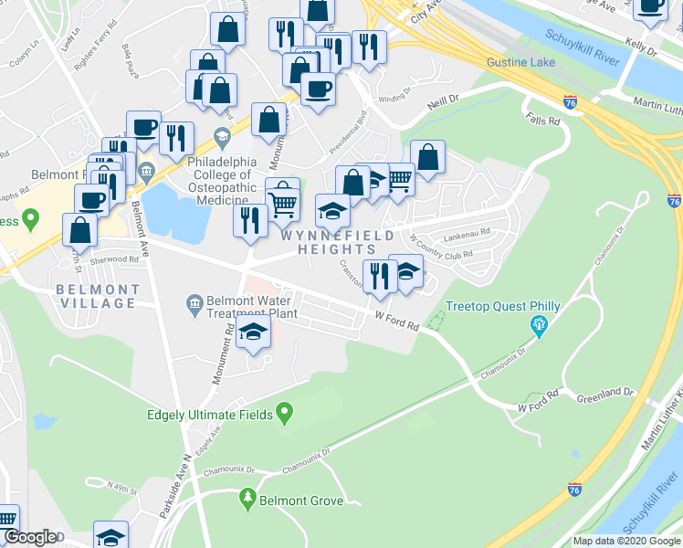 map of restaurants, bars, coffee shops, grocery stores, and more near 4065 West Ford Road in Philadelphia