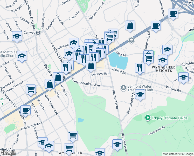 map of restaurants, bars, coffee shops, grocery stores, and more near 2711 North 46th Street in Philadelphia