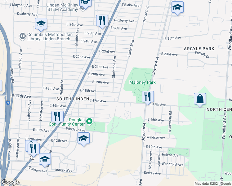 map of restaurants, bars, coffee shops, grocery stores, and more near 1427 East 18th Avenue in Columbus