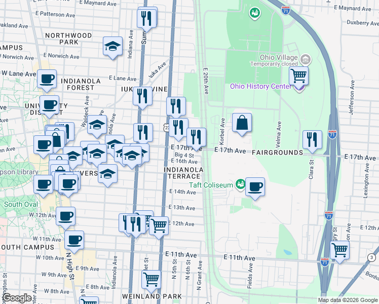 map of restaurants, bars, coffee shops, grocery stores, and more near 428 East 16th Avenue in Columbus