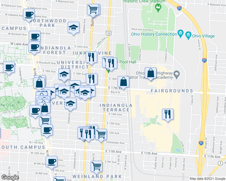 map of restaurants, bars, coffee shops, grocery stores, and more near 374 East 16th Avenue in Columbus