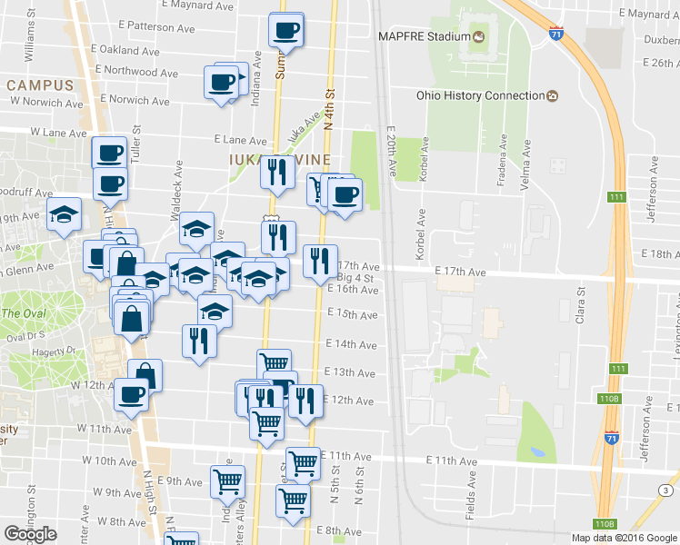 map of restaurants, bars, coffee shops, grocery stores, and more near 374 East 16th Avenue in Columbus