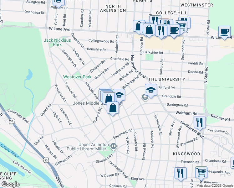 map of restaurants, bars, coffee shops, grocery stores, and more near 1942 Guilford Road in Upper Arlington
