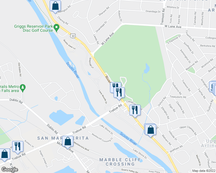 map of restaurants, bars, coffee shops, grocery stores, and more near 2201 Riverside Drive in Columbus