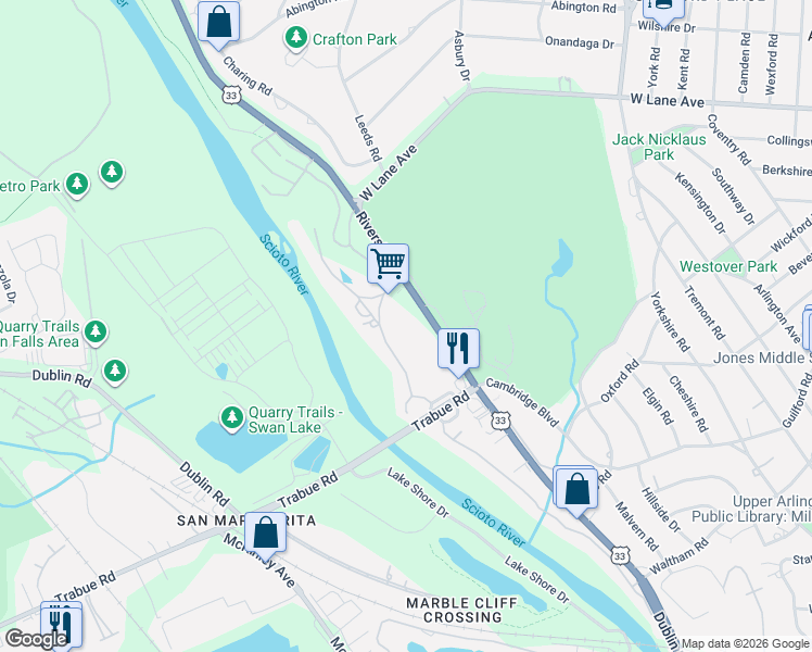 map of restaurants, bars, coffee shops, grocery stores, and more near 2215 Lane Woods Drive in Columbus