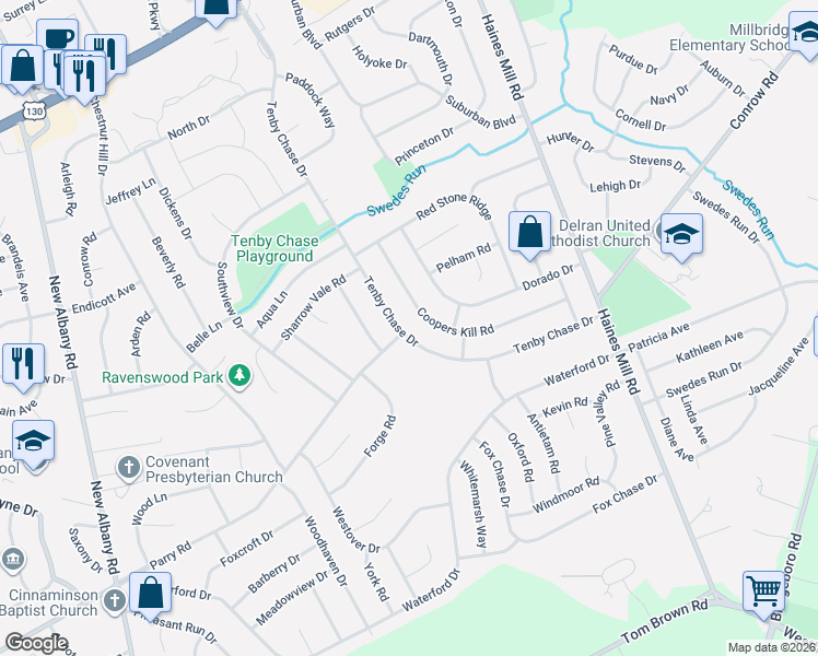map of restaurants, bars, coffee shops, grocery stores, and more near 281 Tenby Chase Drive in Delran