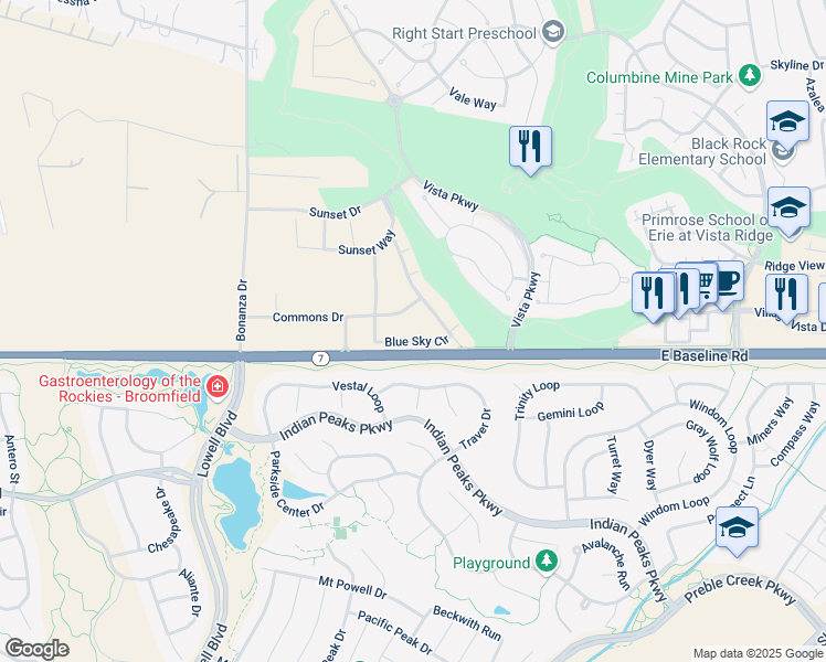 map of restaurants, bars, coffee shops, grocery stores, and more near 1425 Blue sky Circle in Erie