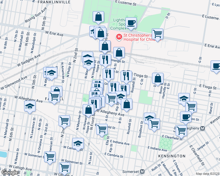 map of restaurants, bars, coffee shops, grocery stores, and more near 3356 A Street in Philadelphia