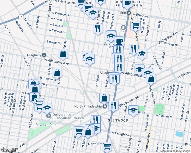 map of restaurants, bars, coffee shops, grocery stores, and more near 1632 West Clearfield Street in Philadelphia