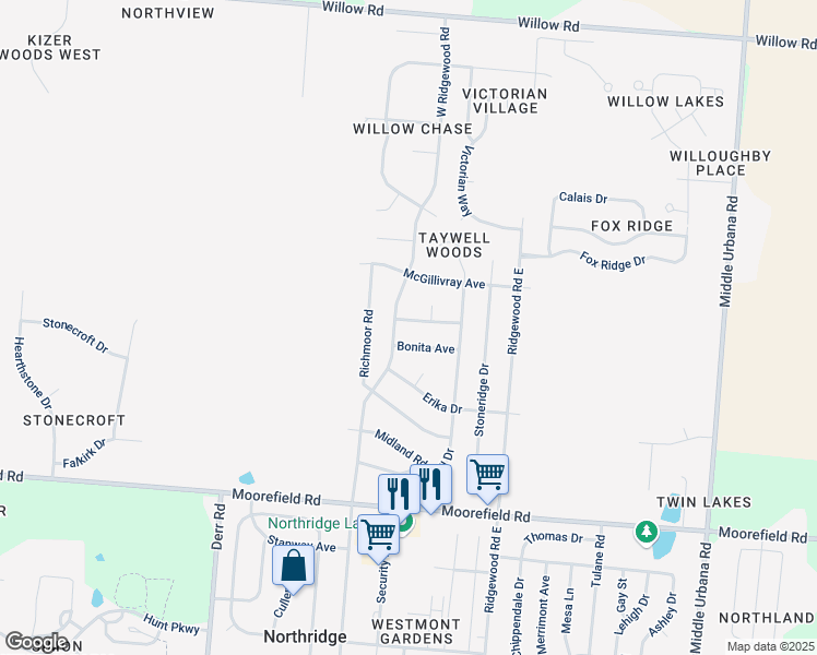 map of restaurants, bars, coffee shops, grocery stores, and more near 5320 Ridgewood Road West in Springfield