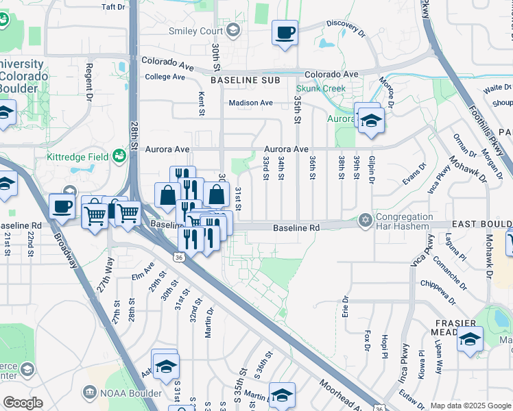 map of restaurants, bars, coffee shops, grocery stores, and more near 705 33rd Street in Boulder