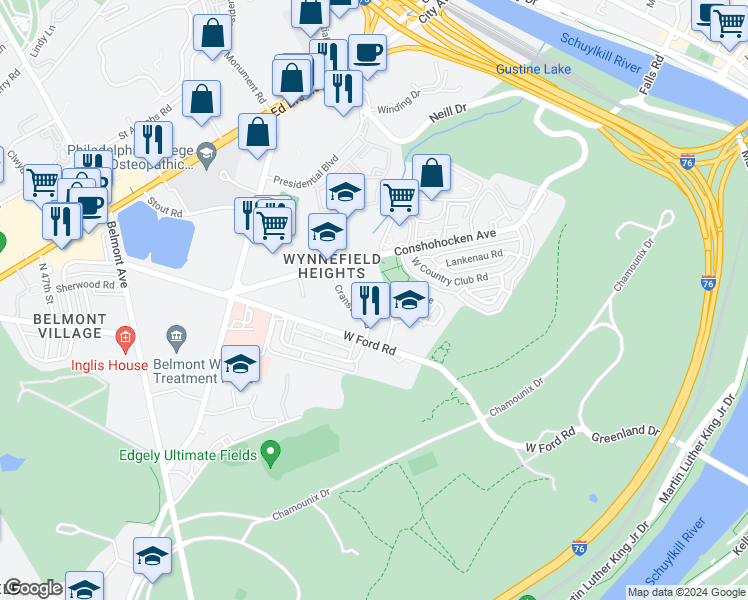 map of restaurants, bars, coffee shops, grocery stores, and more near 3987 Lankenau Avenue in Philadelphia
