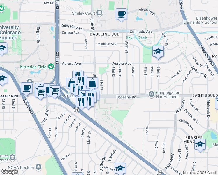 map of restaurants, bars, coffee shops, grocery stores, and more near 730 32nd Street in Boulder