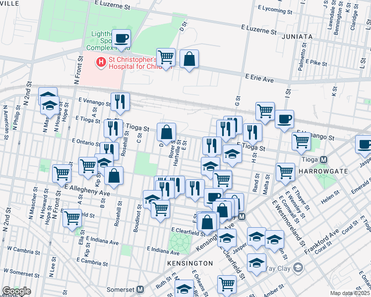 map of restaurants, bars, coffee shops, grocery stores, and more near 3433 E Street in Philadelphia