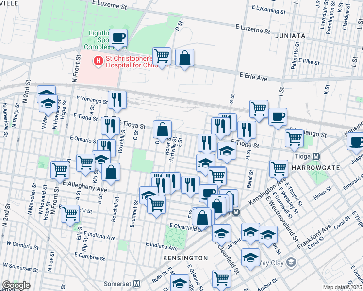 map of restaurants, bars, coffee shops, grocery stores, and more near 3433 E Street in Philadelphia