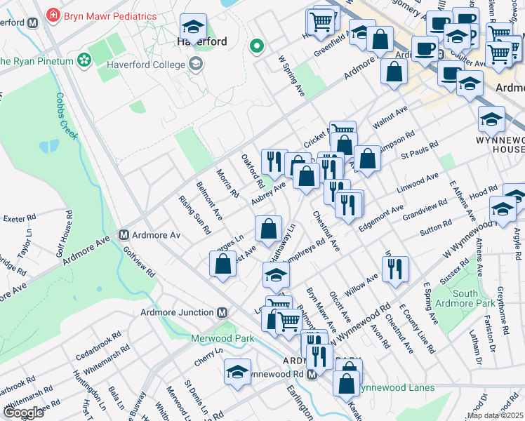 map of restaurants, bars, coffee shops, grocery stores, and more near 706 Georges Lane in Ardmore