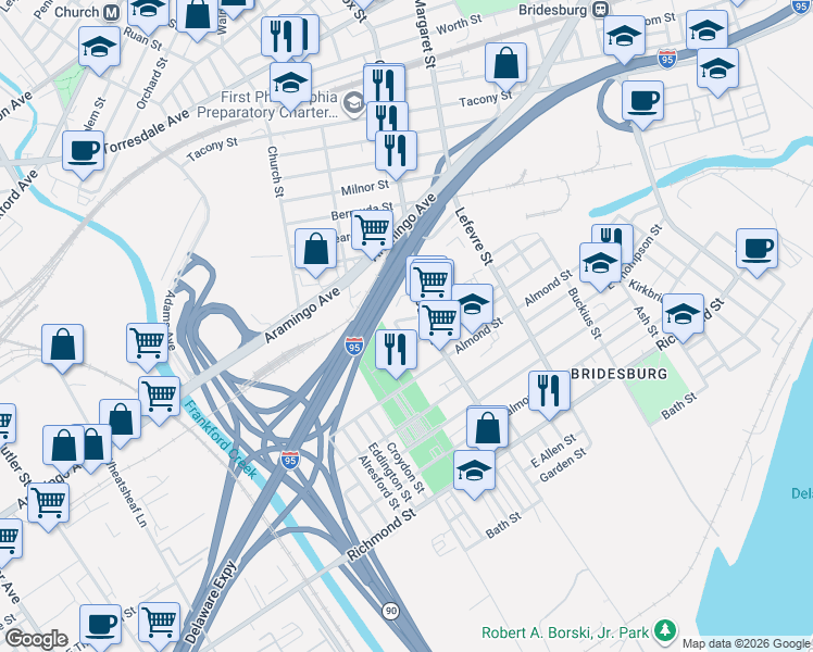 map of restaurants, bars, coffee shops, grocery stores, and more near 2538 Gillingham Street in Philadelphia