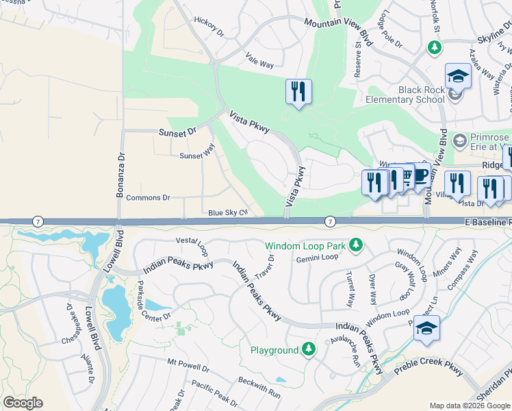 map of restaurants, bars, coffee shops, grocery stores, and more near 16 East Baseline Road in Erie