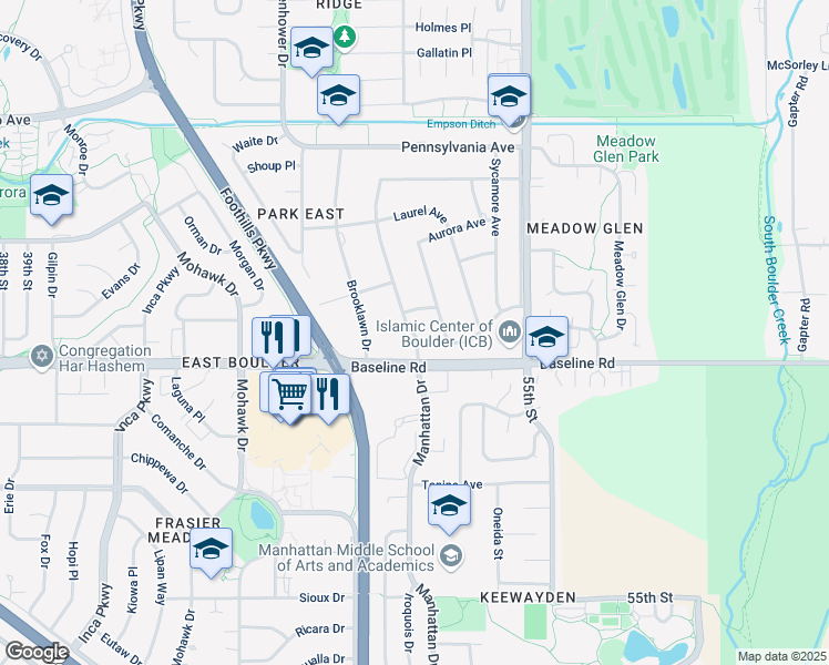 map of restaurants, bars, coffee shops, grocery stores, and more near 710 Crescent Drive in Boulder