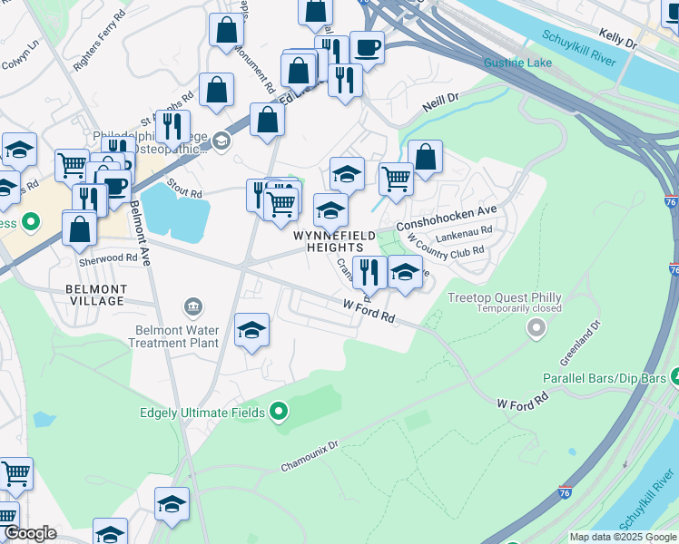 map of restaurants, bars, coffee shops, grocery stores, and more near 2740 Cranston Road in Philadelphia