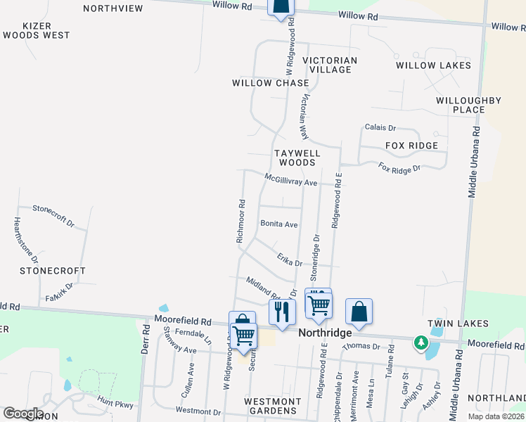 map of restaurants, bars, coffee shops, grocery stores, and more near 5320 Ridgewood Road West in Springfield
