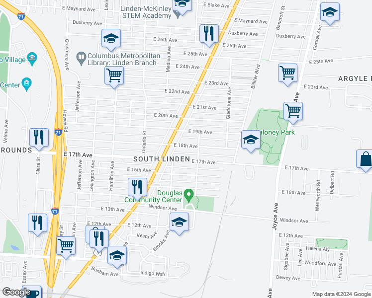 map of restaurants, bars, coffee shops, grocery stores, and more near 1275 East 18th Avenue in Columbus