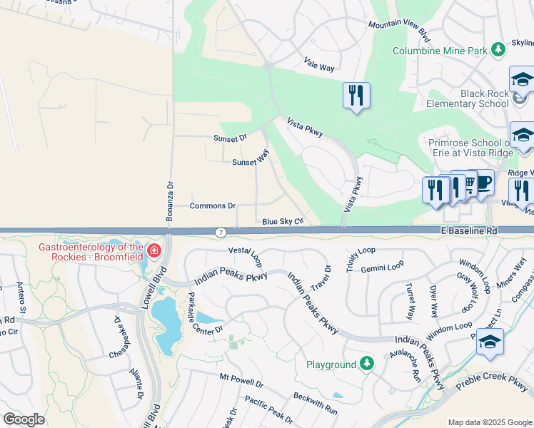 map of restaurants, bars, coffee shops, grocery stores, and more near 1465 Blue sky Circle in Erie