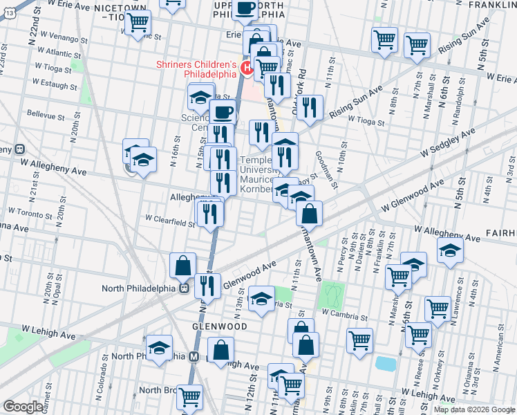map of restaurants, bars, coffee shops, grocery stores, and more near 3137 North Camac Street in Philadelphia