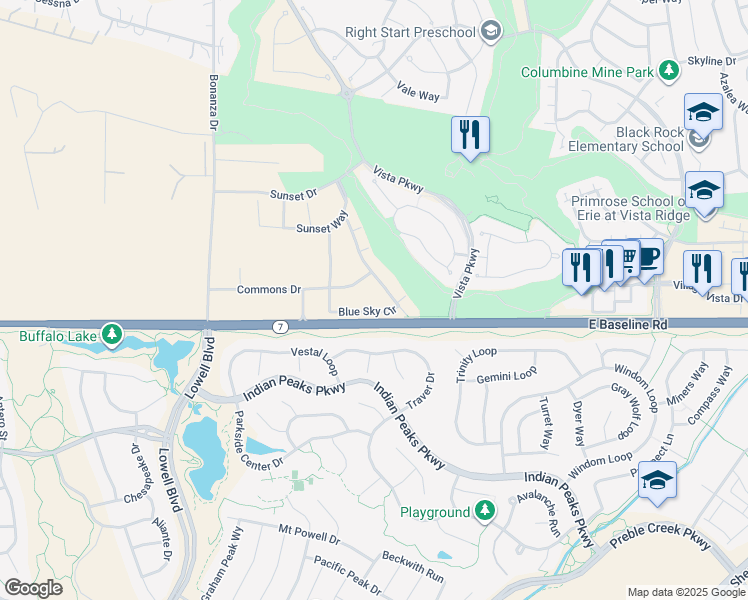map of restaurants, bars, coffee shops, grocery stores, and more near 1425 Blue sky Circle in Erie