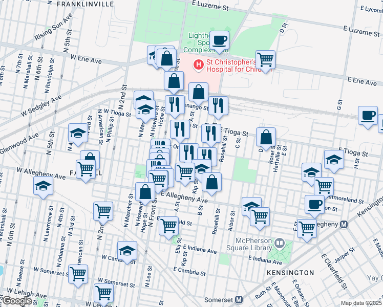 map of restaurants, bars, coffee shops, grocery stores, and more near 3352 Ella Street in Philadelphia