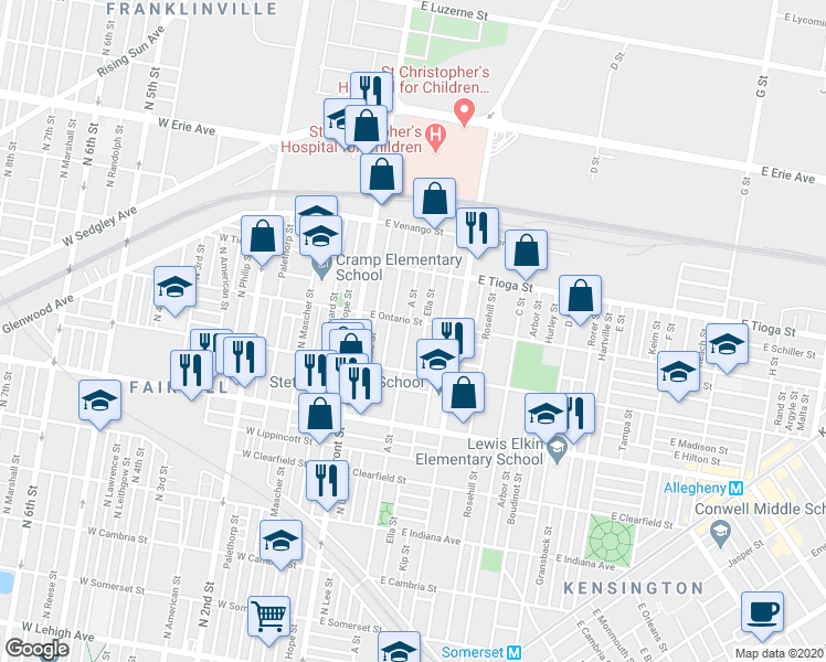 map of restaurants, bars, coffee shops, grocery stores, and more near 3343 A Street in Philadelphia