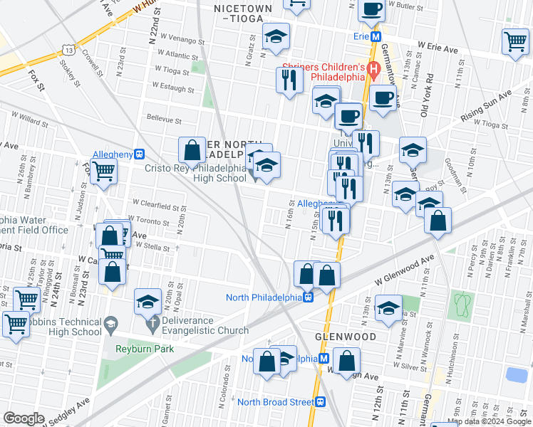 map of restaurants, bars, coffee shops, grocery stores, and more near 3119 North 17th Street in Philadelphia