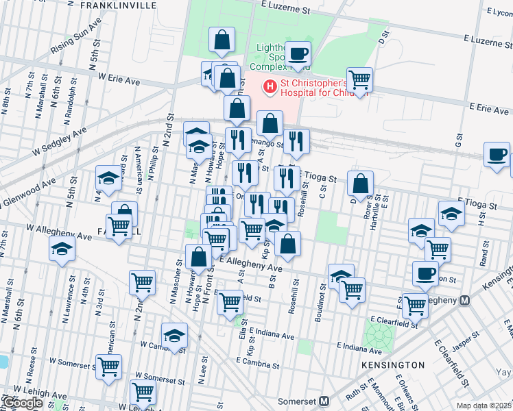 map of restaurants, bars, coffee shops, grocery stores, and more near 3343 A Street in Philadelphia