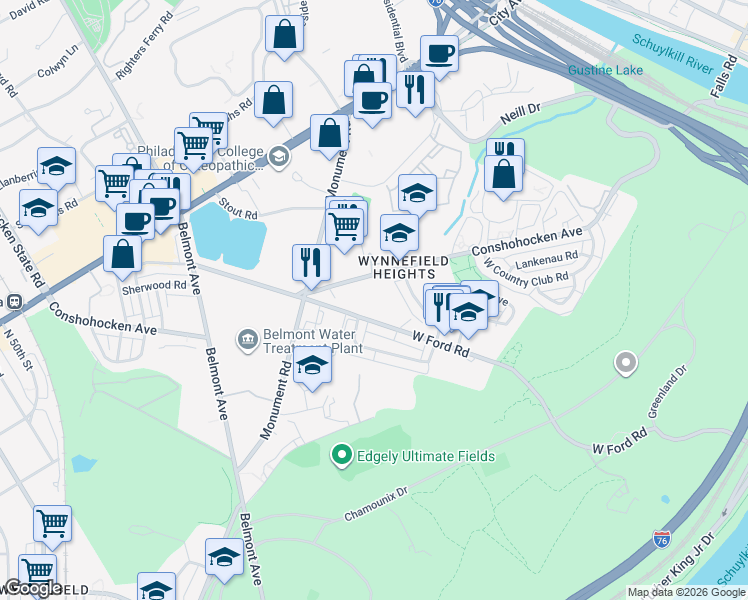 map of restaurants, bars, coffee shops, grocery stores, and more near Lorraine Street in Philadelphia