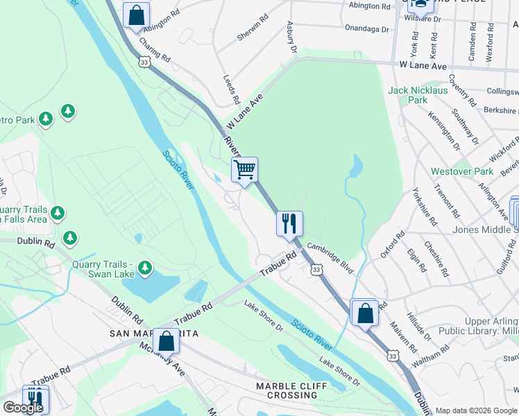 map of restaurants, bars, coffee shops, grocery stores, and more near 2215 Lane Woods Drive in Columbus