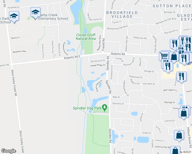 map of restaurants, bars, coffee shops, grocery stores, and more near 5993 Mill Bridge Drive in Hilliard
