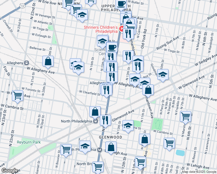 map of restaurants, bars, coffee shops, grocery stores, and more near 3117 North Broad Street in Philadelphia