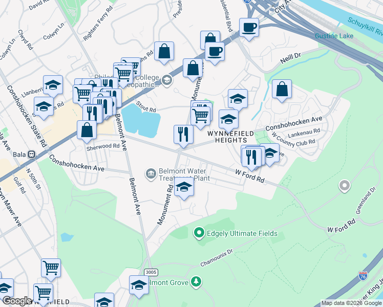 map of restaurants, bars, coffee shops, grocery stores, and more near 4092 West Ford Road in Philadelphia